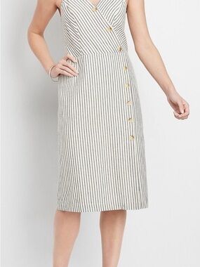 Sleeveless Striped Button-Front Midi Dress in Cream and Gray